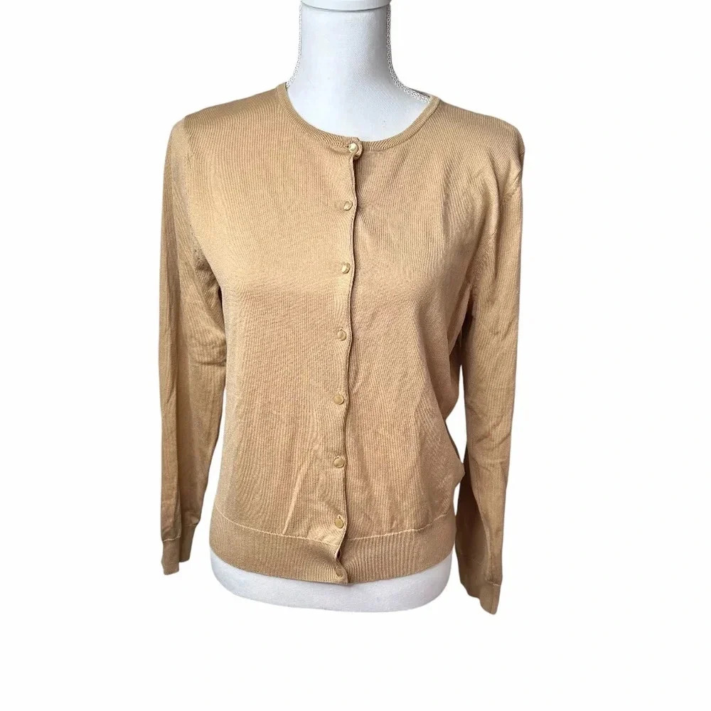AUGUST SILK Tan button down cardigan silk blend size Large